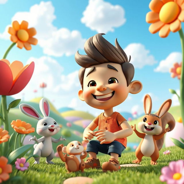 A vibrant 3D cartoon scene depicting a whimsical fantasy landscape, featuring colorful hills, oversized flowers with cartoonish features, and a bright blue sky filled with fluffy clouds