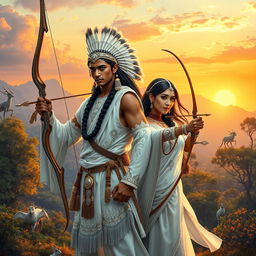 A captivating fantasy epic book cover depicting an Indian man and a woman, both dressed in exquisite white traditional attire adorned with intricate silver embroidery