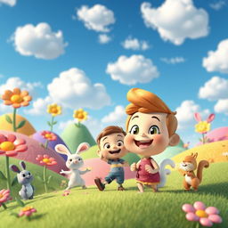 A vibrant 3D cartoon scene depicting a whimsical fantasy landscape, featuring colorful hills, oversized flowers with cartoonish features, and a bright blue sky filled with fluffy clouds