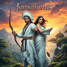 A captivating fantasy epic book cover depicting an Indian man and a woman, both dressed in exquisite white traditional attire adorned with intricate silver embroidery