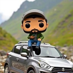 A Funko Pop figure of a 30-year-old male character with black hair, wearing a cap and sporting a beard