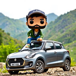 A Funko Pop figure of a 30-year-old male character with black hair, wearing a cap and sporting a beard