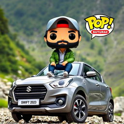 A Funko Pop figure of a 30-year-old male character with black hair, wearing a cap and sporting a beard