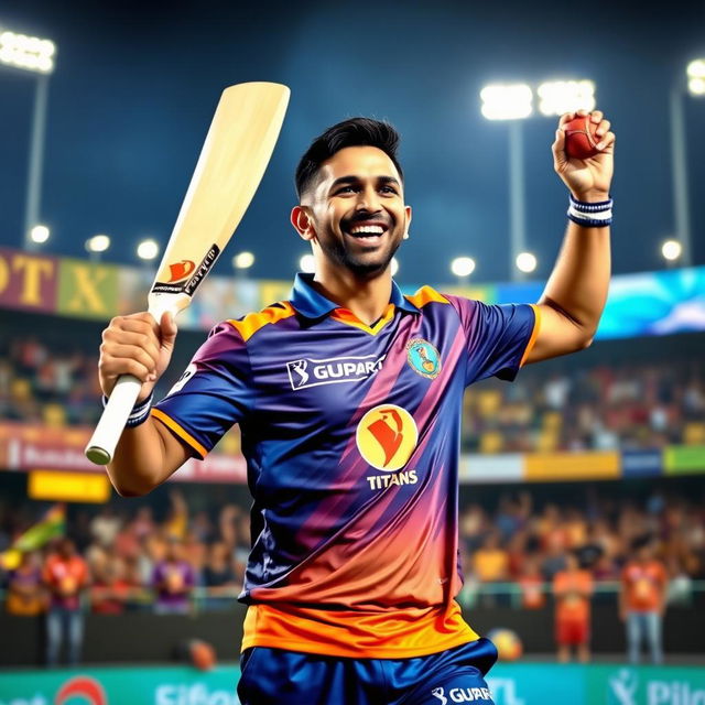 A dynamic and vibrant scene showcasing MS Dhoni in an IPL Gujarat Titans jersey, celebrating on the cricket field with joy and excitement after joining the team