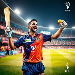 A dynamic and vibrant scene showcasing MS Dhoni in an IPL Gujarat Titans jersey, celebrating on the cricket field with joy and excitement after joining the team