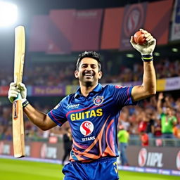 A dynamic and vibrant scene showcasing MS Dhoni in an IPL Gujarat Titans jersey, celebrating on the cricket field with joy and excitement after joining the team