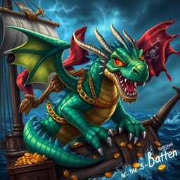 A fierce pirate dragon with vivid scales of emerald green blended with deep ocean blue, adorned with golden chains and a tattered pirate flag draped from its back