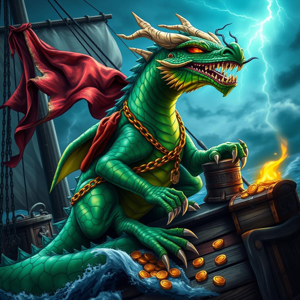 A fierce pirate dragon with vivid scales of emerald green blended with deep ocean blue, adorned with golden chains and a tattered pirate flag draped from its back