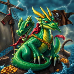 A fierce pirate dragon with vivid scales of emerald green blended with deep ocean blue, adorned with golden chains and a tattered pirate flag draped from its back