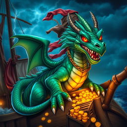 A fierce pirate dragon with vivid scales of emerald green blended with deep ocean blue, adorned with golden chains and a tattered pirate flag draped from its back