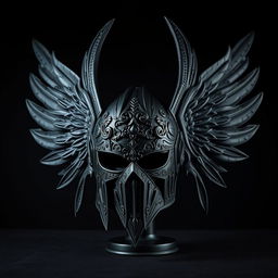 A striking black warrior angel helmet, intricately designed with ornate engravings and embellishments