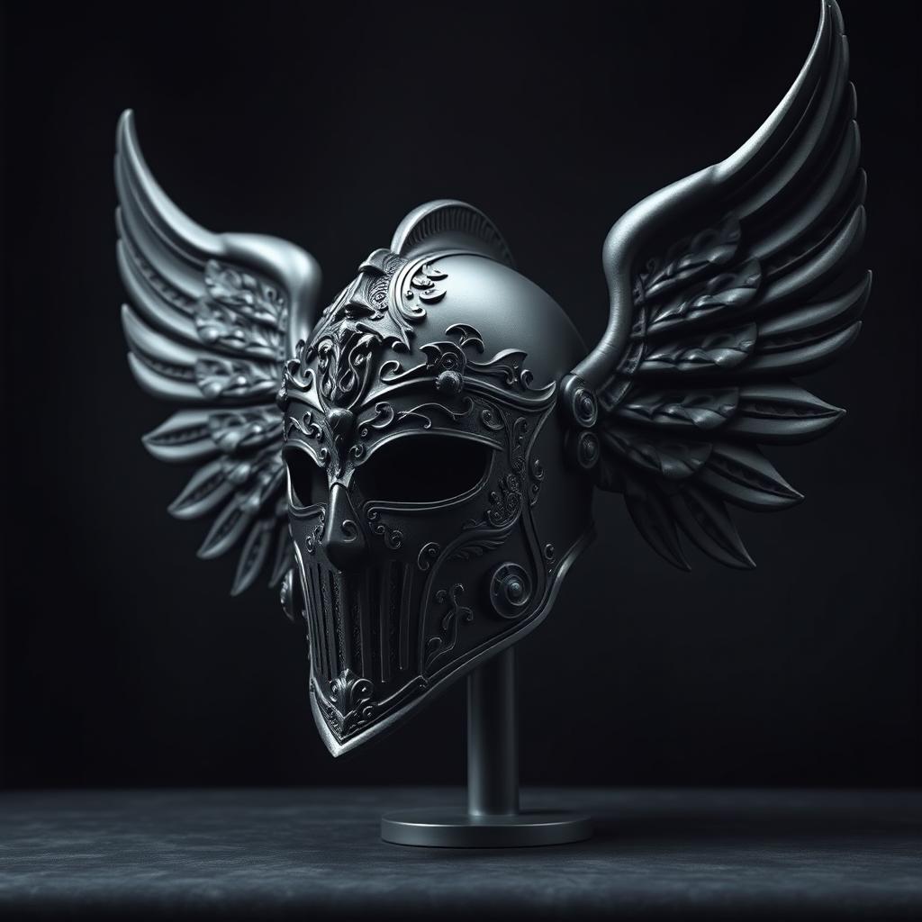 A striking black warrior angel helmet, intricately designed with ornate engravings and embellishments