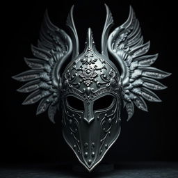 A striking black warrior angel helmet, intricately designed with ornate engravings and embellishments