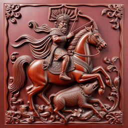 A beautifully carved maroon-colored wooden panel depicting a majestic Persian king riding a powerful horse, holding a bow in his hand, and elegantly hunting a wild boar