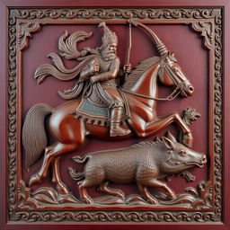 A beautifully carved maroon-colored wooden panel depicting a majestic Persian king riding a powerful horse, holding a bow in his hand, and elegantly hunting a wild boar