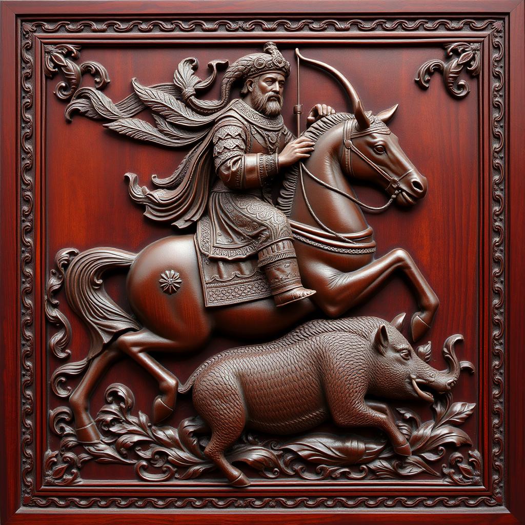 A beautifully carved maroon-colored wooden panel depicting a majestic Persian king riding a powerful horse, holding a bow in his hand, and elegantly hunting a wild boar