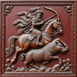 A beautifully carved maroon-colored wooden panel depicting a majestic Persian king riding a powerful horse, holding a bow in his hand, and elegantly hunting a wild boar