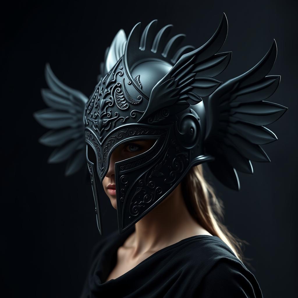 A stunning black warrior angel helmet designed for a woman, featuring elegant and fierce attributes