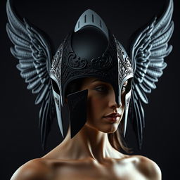 A stunning black warrior angel helmet designed for a woman, featuring elegant and fierce attributes