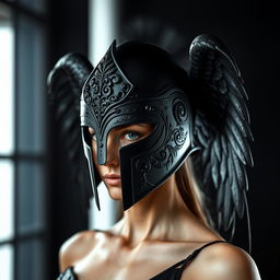 A stunning black warrior angel helmet designed for a woman, featuring elegant and fierce attributes
