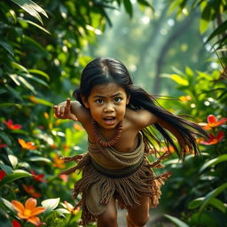 A dramatic scene depicting an indigenous child fleeing from an unseen threat, set in a lush, vibrant jungle