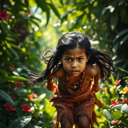 A dramatic scene depicting an indigenous child fleeing from an unseen threat, set in a lush, vibrant jungle