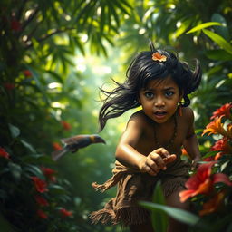 A dramatic scene depicting an indigenous child fleeing from an unseen threat, set in a lush, vibrant jungle