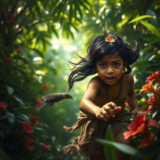 A dramatic scene depicting an indigenous child fleeing from an unseen threat, set in a lush, vibrant jungle