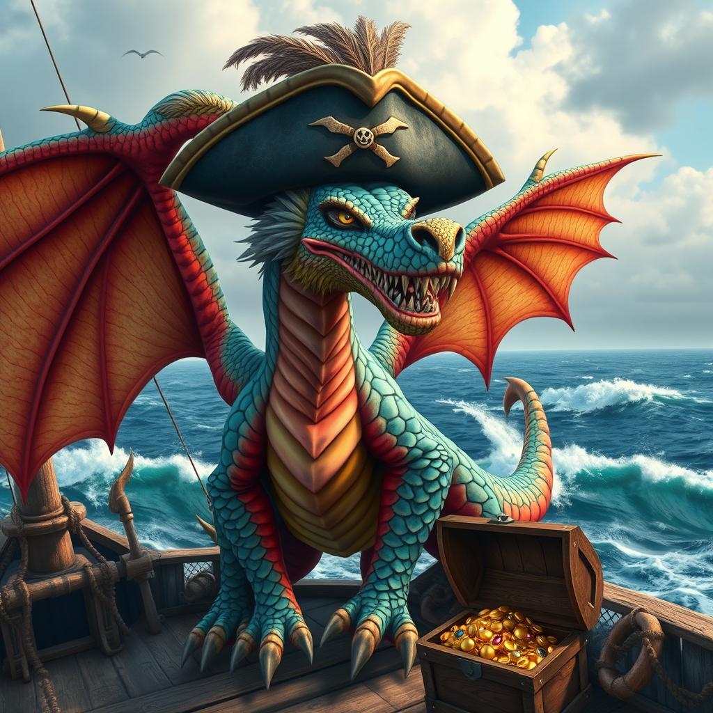 A fearsome pirate dragon with vibrant scales and an intricate design, wearing a classic pirate hat adorned with feathers