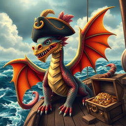 A fearsome pirate dragon with vibrant scales and an intricate design, wearing a classic pirate hat adorned with feathers