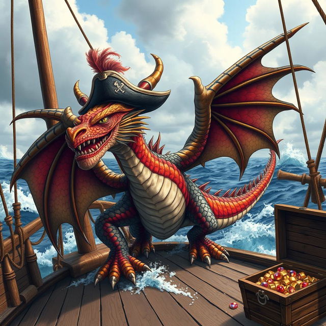 A fearsome pirate dragon with vibrant scales and an intricate design, wearing a classic pirate hat adorned with feathers