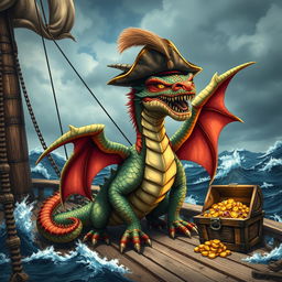 A fearsome pirate dragon with vibrant scales and an intricate design, wearing a classic pirate hat adorned with feathers