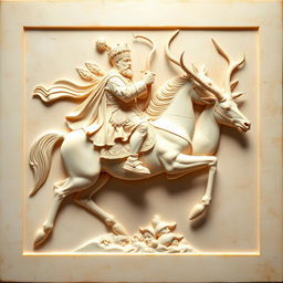 A beautifully carved cream-colored stone panel featuring a regal Persian king elegantly riding a noble horse, holding a bow in his hand while hunting a majestic horned deer