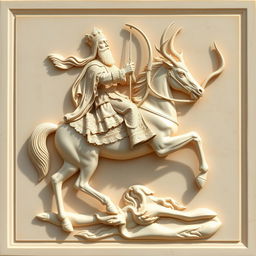 A beautifully carved cream-colored stone panel featuring a regal Persian king elegantly riding a noble horse, holding a bow in his hand while hunting a majestic horned deer