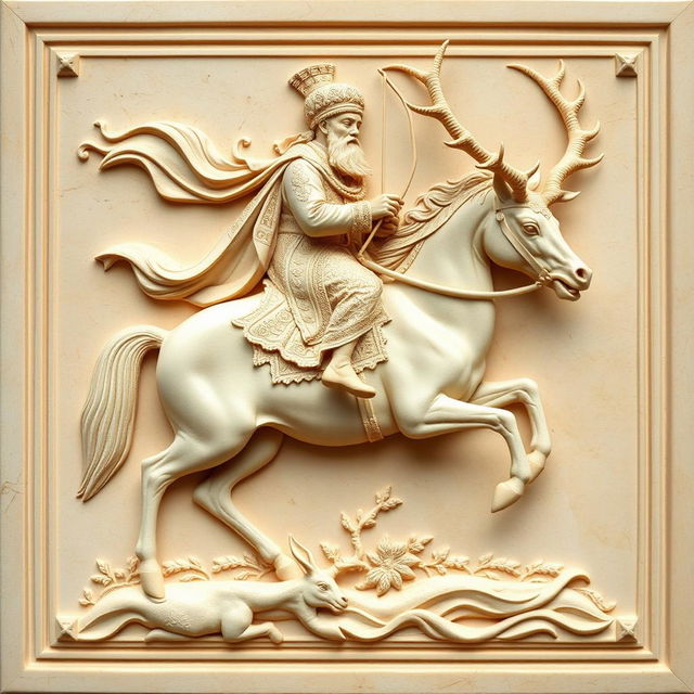 A beautifully carved cream-colored stone panel featuring a regal Persian king elegantly riding a noble horse, holding a bow in his hand while hunting a majestic horned deer