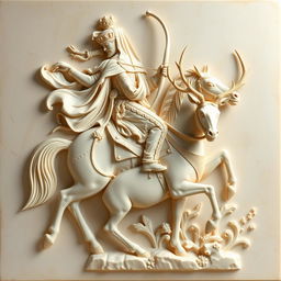 A beautifully carved cream-colored stone panel featuring a regal Persian king elegantly riding a noble horse, holding a bow in his hand while hunting a majestic horned deer