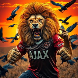 A fierce lion wearing an AJAX football jersey, showcasing its strength and power, fighting against a group of crows in a dramatic scene