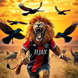 A fierce lion wearing an AJAX football jersey, showcasing its strength and power, fighting against a group of crows in a dramatic scene