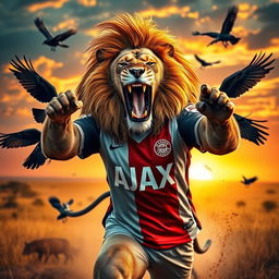A fierce lion wearing an AJAX football jersey, showcasing its strength and power, fighting against a group of crows in a dramatic scene