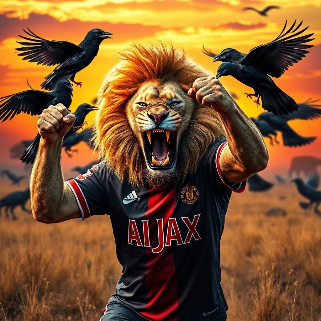A fierce lion wearing an AJAX football jersey, showcasing its strength and power, fighting against a group of crows in a dramatic scene