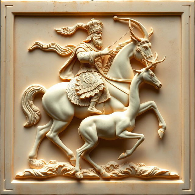 A beautifully carved cream-colored stone panel showcasing a Persian king in a majestic pose, riding a powerful horse while holding a bow in his hand, actively hunting a graceful horned deer