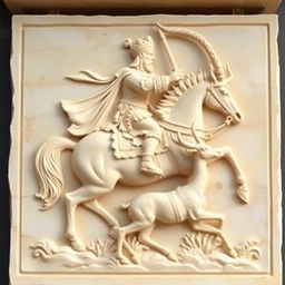 A beautifully carved cream-colored stone panel showcasing a Persian king in a majestic pose, riding a powerful horse while holding a bow in his hand, actively hunting a graceful horned deer