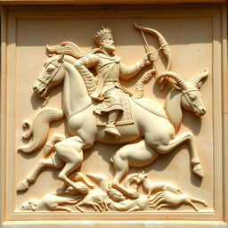 A beautifully carved cream-colored stone panel showcasing a Persian king in a majestic pose, riding a powerful horse while holding a bow in his hand, actively hunting a graceful horned deer