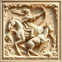 A beautifully carved cream-colored stone panel showcasing a Persian king in a majestic pose, riding a powerful horse while holding a bow in his hand, actively hunting a graceful horned deer