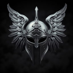 A bold black warrior angel helmet, beautifully crafted with intricate details and an imposing design