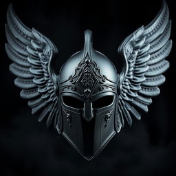 A bold black warrior angel helmet, beautifully crafted with intricate details and an imposing design