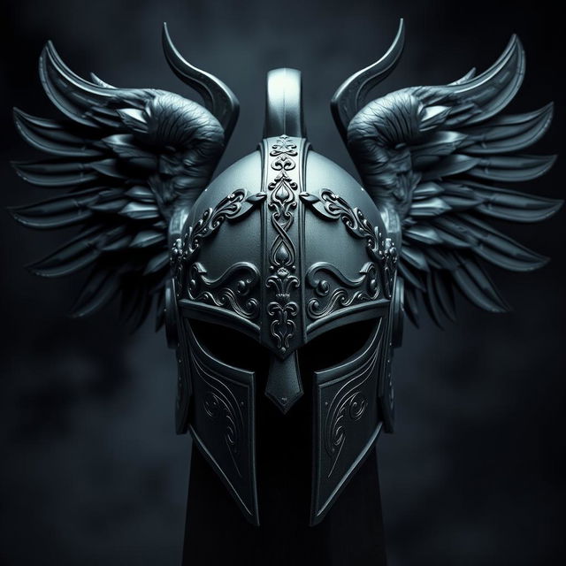 A bold black warrior angel helmet, beautifully crafted with intricate details and an imposing design