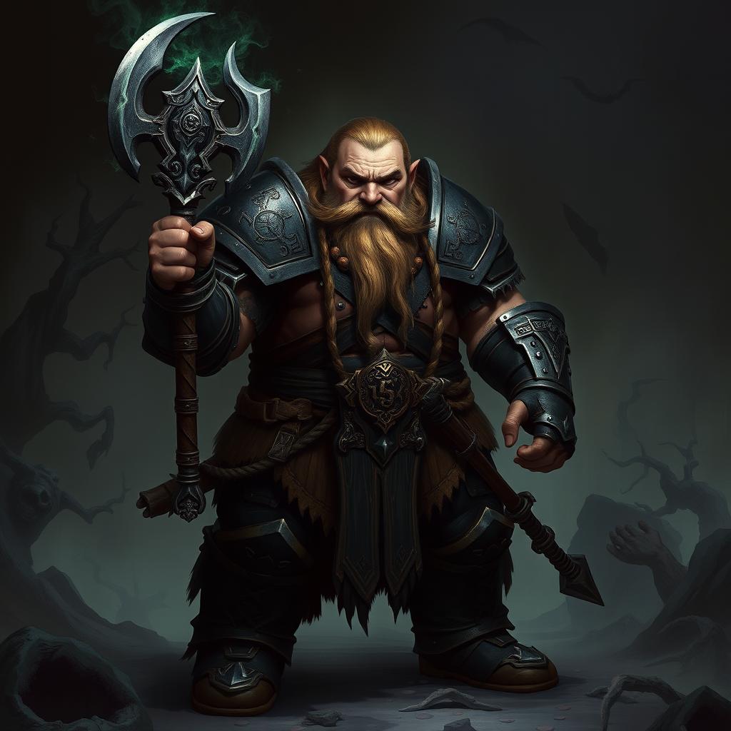 A fierce and determined dwarf illrigger standing bravely in a dark, foreboding environment, wearing heavy, intricate armor adorned with mystical runes