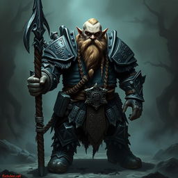 A fierce and determined dwarf illrigger standing bravely in a dark, foreboding environment, wearing heavy, intricate armor adorned with mystical runes