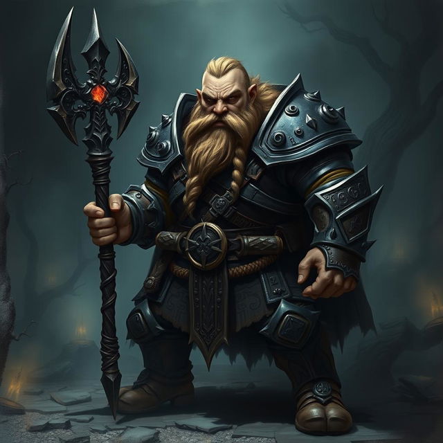 A fierce and determined dwarf illrigger standing bravely in a dark, foreboding environment, wearing heavy, intricate armor adorned with mystical runes